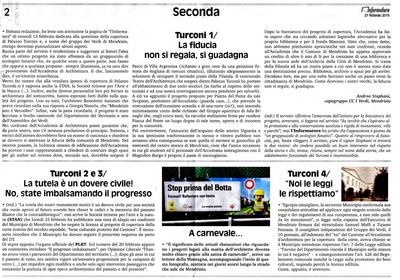 Wortspielerei, Fotomontage der Banderole zur Verkehrsicherheit «Stop prima della botta», publiziert in L'informatore 27.2.2015